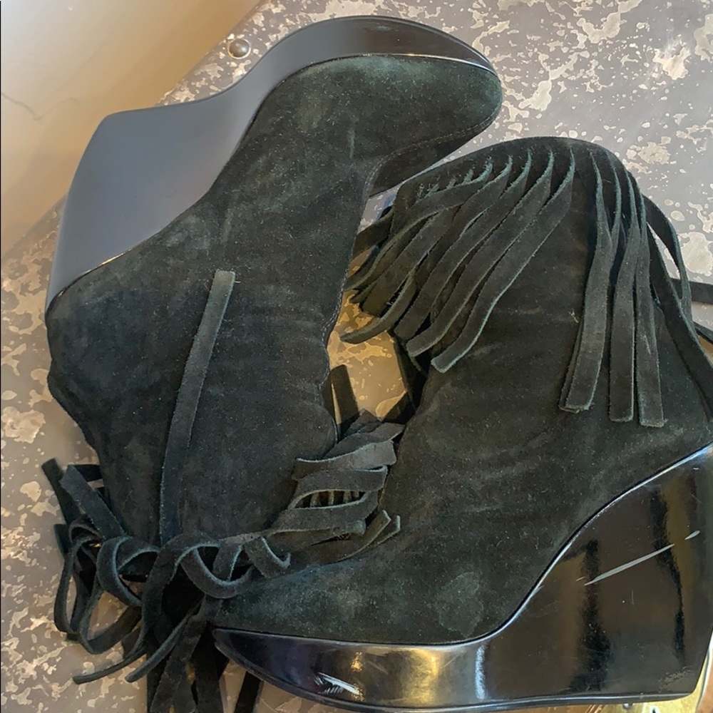 Made in Italy Platform Black Suede Fringe Booties - Picture 3 of 10